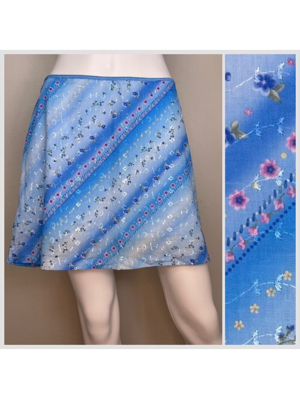 Vintage 1990s/Y2K Blue Eyelet Floral Stripe Mini Skirt, Exact Change Size Medium